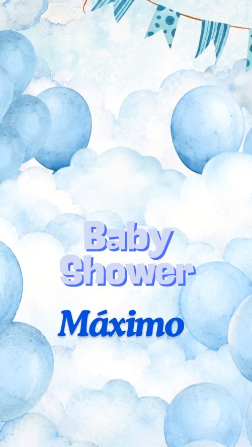 Invitación Baby Shower de Máximo — globo aerostático celeste con elefante bebé